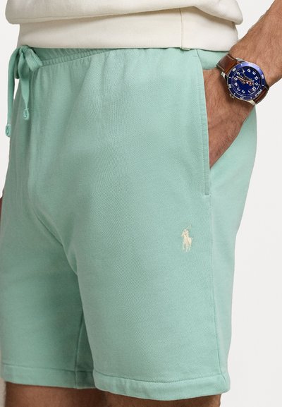 Lys grønne bomullsshorts med elastisk midje, sidelommer og en liten brodert logo på venstre bein. Glatt tekstur.
