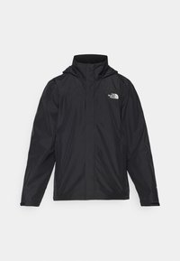 Černá nepromokavá bunda s zipovým uzávěrem, nastavitelnou kapucí a logem na levé straně hrudi. Hladký materiál, dlouhé rukávy a boční kapsy.