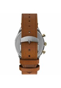 Timex-Uhr mit einem Gehäuse aus Edelstahl, braunem Lederarmband und silberner Hardware. Verfügt über ein rundes Gehäuse und mehrere Tasten an der Seite.