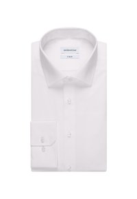 Witte lange mouwen overhemd, katoenen materiaal, X-SLIM pasvorm, puntkraag, knoopsluiting, linkermouw met één knoop en afgeronde rand.