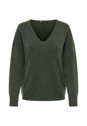 Pull vert foncé à manches longues avec col en V et poignets côtelés, présenté sur un fond blanc uni.