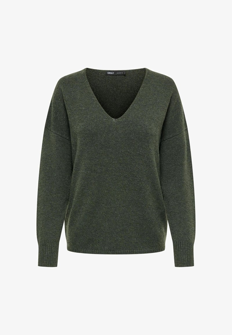 Pull vert foncé à manches longues avec col en V et poignets côtelés, présenté sur un fond blanc uni.