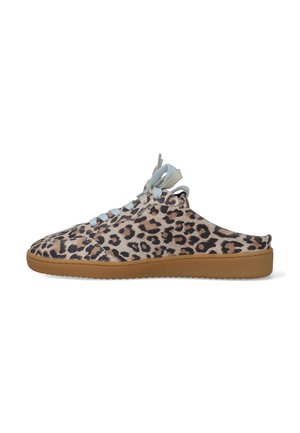 Low-backed slip-on sneaker with leopard print fabric, light blue laces, and brown rubber sole, shown from the left side.