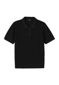 Polo shirt noir à manches courtes en tissu texturé avec un motif à côtes verticales, patte de boutonnage à trois boutons et col classique.