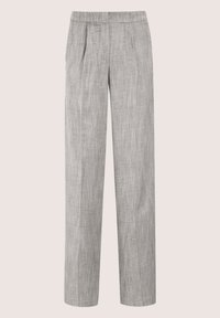 Lichtgrijze, wijde pantalon van een gemêleerde stof, met een geplooide voorkant en een platte tailleband. Heeft een rechte pasvorm en geen zichtbare zakken.