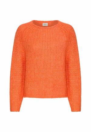 Lyseorange strikket langærmet sweater med rund halsudskæring og tekstureret mønster.