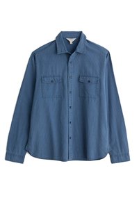 Blaue Cordhemd mit langen Ärmeln, zwei Brusttaschen und Button-Down-Verschluss. Vertikale Rippstruktur mit weichem Finish.