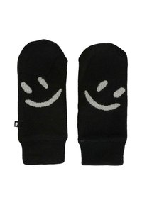 Czarne dziane rękawiczki z kontrastowym jasnoszarym wzorem uśmiechniętej buźki. Z mankietem na nadgarstku dla dodatkowego ciepła i stylu.