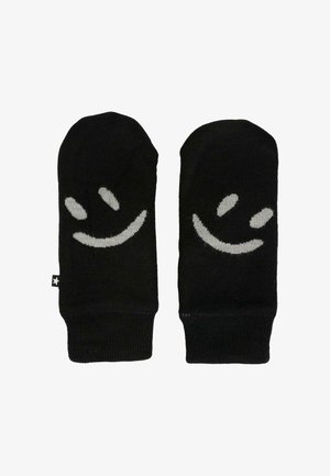 Mitts neri in maglia con un design di faccina sorridente grigio chiaro a contrasto. Con polsini per maggiore calore e stile.