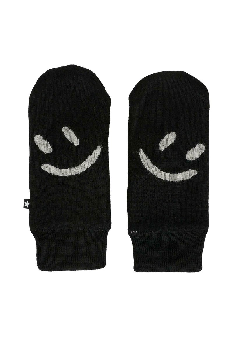 Czarne dziane rękawiczki z kontrastowym jasnoszarym wzorem uśmiechniętej buźki. Z mankietem na nadgarstku dla dodatkowego ciepła i stylu.
