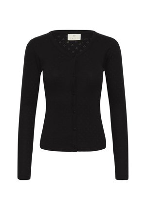 Cardigan negro con escote en V, mangas largas y un patrón de diamantes texturizado. Presenta un cierre frontal de botones y un material de punto suave.
