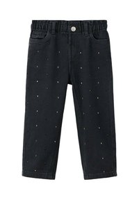 Crne traperice od denima s elastičnim pojasom, prednjim džepovima i raspršenim metalnim točkicama po cijelom materijalu.