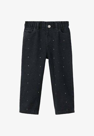 Crne traperice od denima s elastičnim pojasom, prednjim džepovima i raspršenim metalnim točkicama po cijelom materijalu.