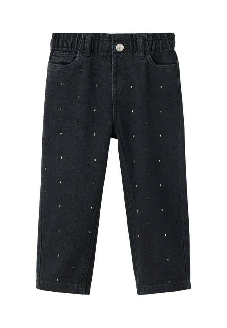 Crne traperice od denima s elastičnim pojasom, prednjim džepovima i raspršenim metalnim točkicama po cijelom materijalu.