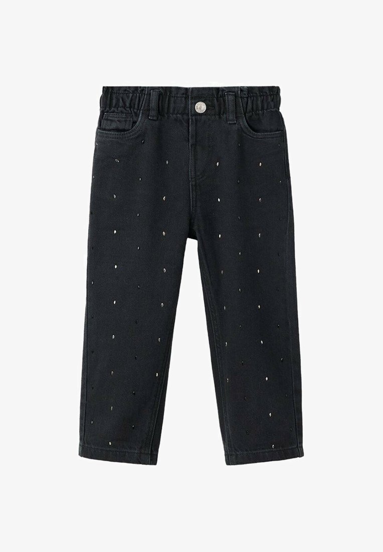 Crne traperice od denima s elastičnim pojasom, prednjim džepovima i raspršenim metalnim točkicama po cijelom materijalu.