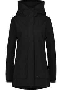 Black waterproof jacket featuring a hood, two front pockets, a zip closure, and adjustable cuffs. Smooth texture and lightweight design.