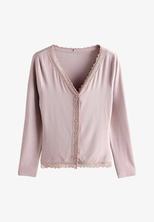 Dugih rukava, gornji dio s gumbima od mekanog ružičastog rebrastog materijala, s ovratnikom i rubom u obliku valovitog čipkanog uzorka, s cvjetnim detaljima na gumbima.