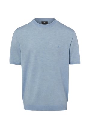 Light blue short-sleeve knit sweater with crew neck and small embroidered logo on left chest.