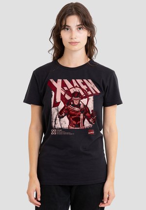 Black cotton t-shirt featuring a graphic print of Cyclops from X-Men in red and white, with bold text and detailing. Short sleeves, round neck.