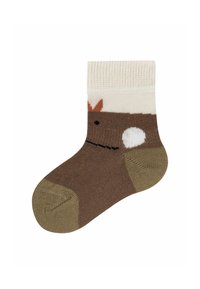 Braune Socke mit cremefarbenem Bündchen, verziert mit einem Rentierdesign mit einem orangefarbenen Horn und einem weißen Fleck. Strukturiertes Finish, verstärkte Ferse und Spitze.