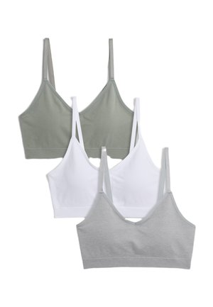 Three bralettes in green, white, and gray. Soft cotton fabric, triangle cups, thin straps. Minimalist design with a smooth texture.