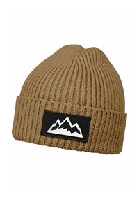 Knit brown beanie with a ribbed texture, featuring a black rectangular patch displaying white mountain graphics.