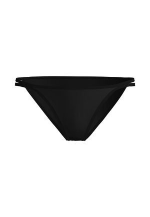 Fondo di bikini nero con design minimalista, caratterizzato da sottili fascette laterali e tessuto liscio ed elasticizzato. Nessun motivo o abbellimento.
