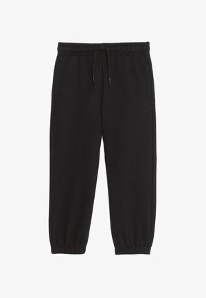 Schwarze Jogginghose aus weichem Material, mit elastischem Bund und Kordelzug, schmal zulaufenden Bündchen und seitlichen Taschen.