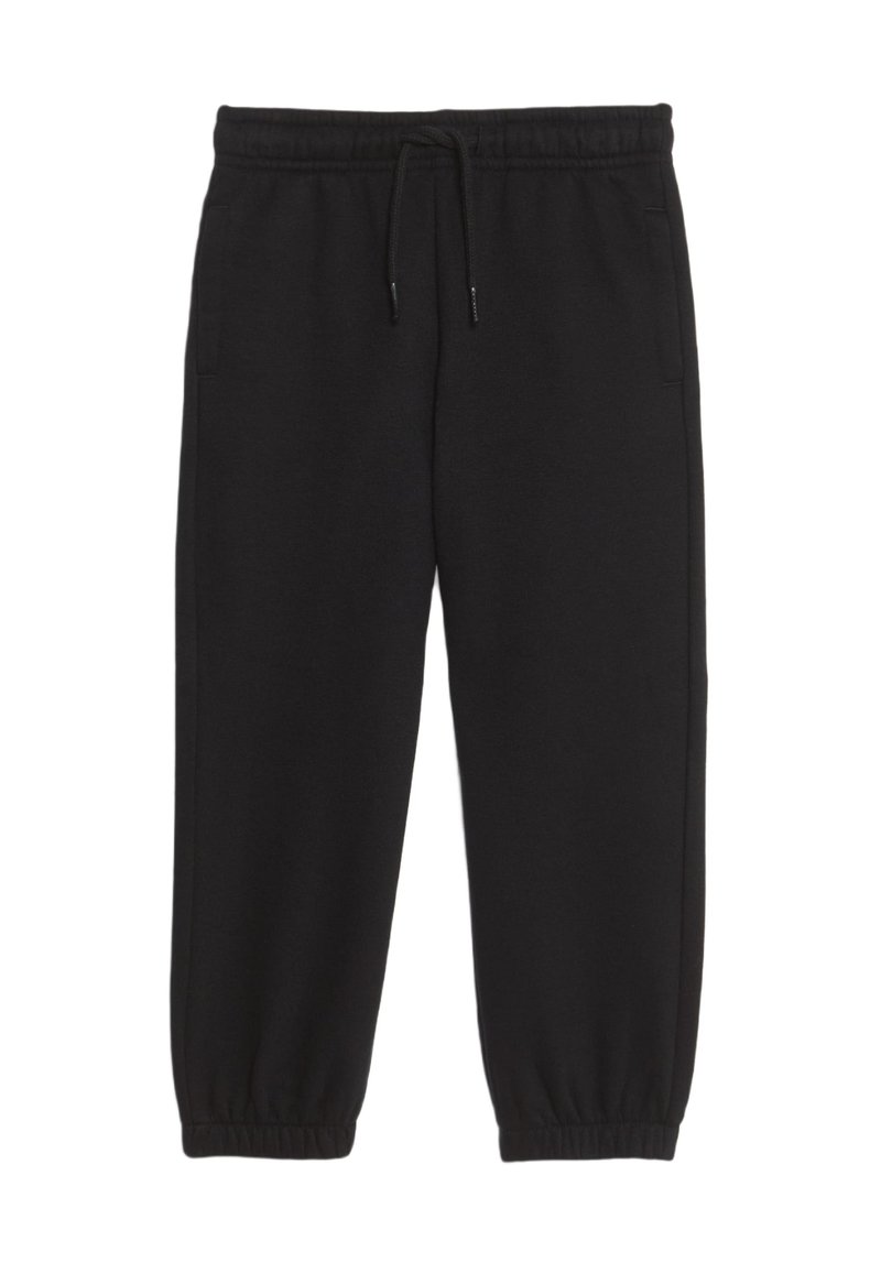Sorte sweatpants lavet af blødt stof, med elastisk talje og snor, tapered manchetter og sidelommer.