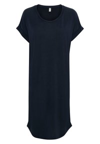 Abito t-shirt blu scuro, realizzato in un tessuto morbido. Presenta un scollo rotondo, maniche corte arrotolate e un orlo curvo per un fit rilassato.