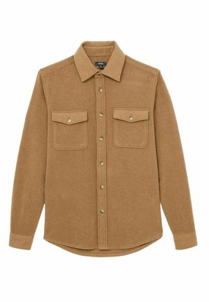 Brown wool blend shirt with a button-up front, two chest pockets, and a classic collar. Features rounded hem and long sleeves.