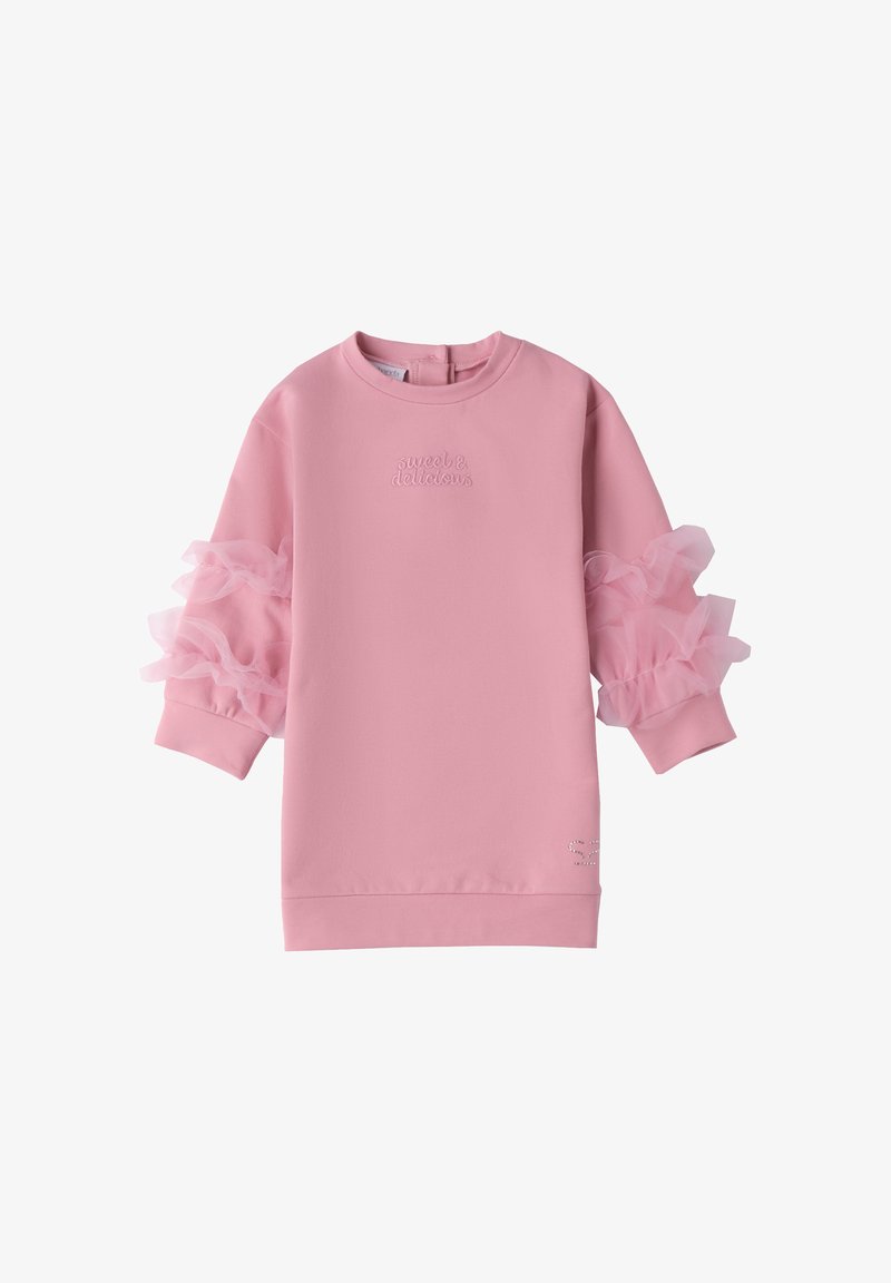 Rosa Sweatshirt mit langen Ärmeln, ausgestattet mit Tüll-Rüschen. Auf der Vorderseite mit gesticktem Text "sweet & delicious" und kleinen Verzierungen am Saum.