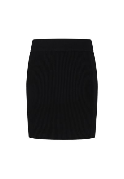 Sort ribbet mini-nederdel med et tætsiddende design og bred talje, der har en glat tekstur og en klassisk silhuet.