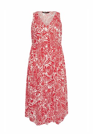 Ärmelloses weißes Kleid mit rotem Blumenmuster, V-Ausschnitt, Knopfleiste vorne und gerafftem Taillendetail.