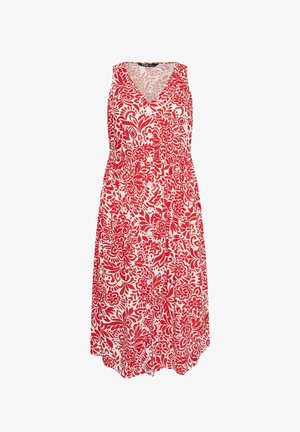 Ærmeløs hvid kjole med rødt blomsterprint, V-hals, knaplukning fortil og detaljeret taljegarn.