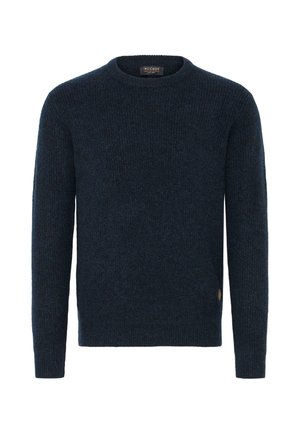 Tengerészkék kötött pulóver, kerek nyakkivágással, hosszú ujjak, texturált anyag, bordás mandzsettával és aljjal; kis logónyomtatvány az alsó oldalon.