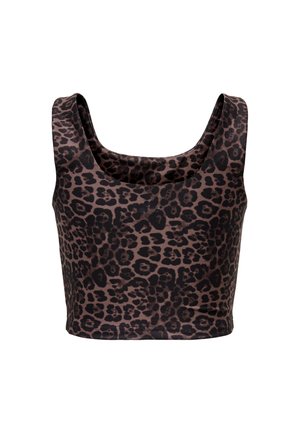 Sleeveless crop top with wide straps in dark brown fabric featuring a black and lighter brown leopard print pattern.