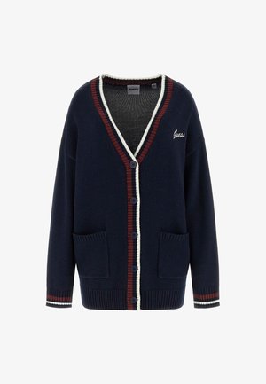 Marineblauer Cardigan mit gerippten roten und weißen Akzenten, V-Ausschnitt, Knopfverschluss, zwei Fronttaschen und besticktem "Guess"-Logo.