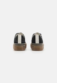 Paire de baskets Converse All Star noires et blanches vues de dos avec semelles en caoutchouc marron et bandes blanches verticales au talon.