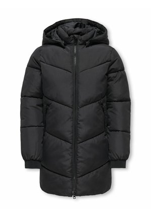 Črna puhovka s kapuco, z zadrgo na sprednji strani in dvema stranskima žepoma. Material je gladek z prešitim chevron vzorcem.