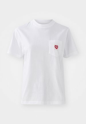 White short-sleeve t-shirt made of cotton, featuring a small red heart-shaped pocket design with "Carhartt WIP" text. Smooth texture.
