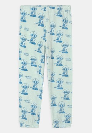 Leggings à motifs de couleur vert menthe clair, présentant un design de robot bleu répété avec le texte "Champs Galactiques". Taille élastique et coupe ajustée.