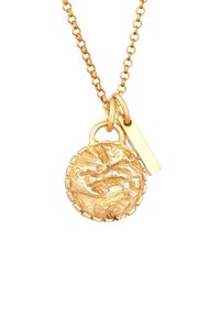 Guldhalskæde med en rundt vedhæng med løvemotif, tekstureret overflade og en ekstra rektangulær tags. Kæden har sammenkoblede led.