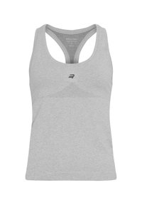 Camiseta deportiva gris sin mangas con diseño de espalda nadadora, fabricada en tejido ligero; presenta un sutil patrón texturizado y un pequeño logo en el frente.