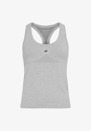 Gray sports tank top with a racerback design, made of lightweight fabric; features a subtle textured pattern and a small logo on the front.