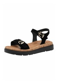 Black sandal with two wide straps, adjustable buckle, cork footbed, and rubber outsole. Suede material features a smooth texture.