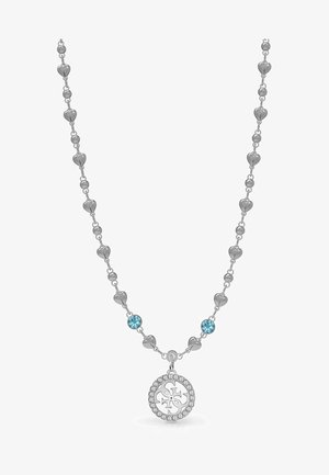 Collier en argent avec des maillons alternés en forme de cœur et ronds, deux pierres précieuses bleues et un pendentif rond avec un motif découpé et des cristaux environnants.