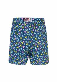 Pantaloni da bagno blu navy con un motivo a granchietti ripetuto in giallo, rosa e azzurro chiaro. Vita elasticizzata con chiusura a bottone e tasca.
