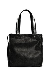 Svart vävd toteväska med dubbla handtag i svart och vitt randigt mönster, med en öppning upptill och en texturerad yta.