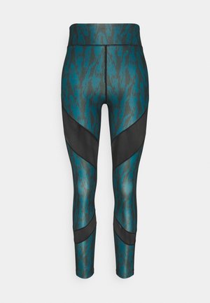 Spodnie sportowe z wysokim stanem w kolorze teal i czarnym, z abstrakcyjnym wzorem, czarnymi panelami akcentującymi oraz gładką, elastyczną fakturą.